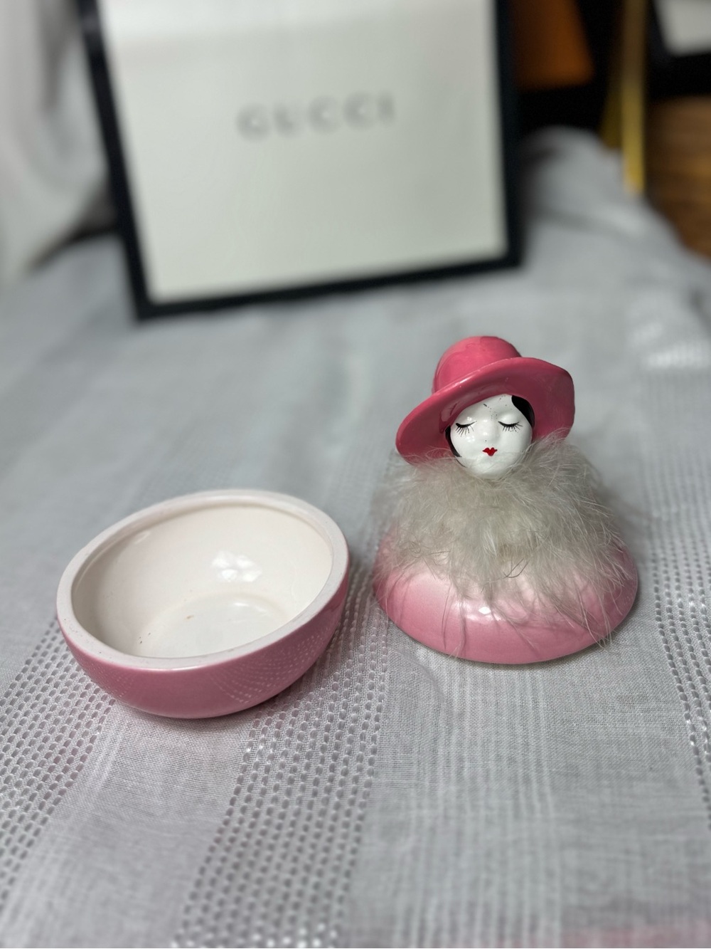 Vintage Girl Trinket Box with Feather Trim
